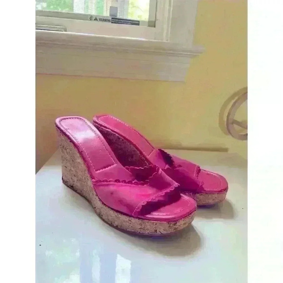 Women's Pink Patent Leather Cork Wedges Size 7.5 Slide Sandals - Picture 1 of 5